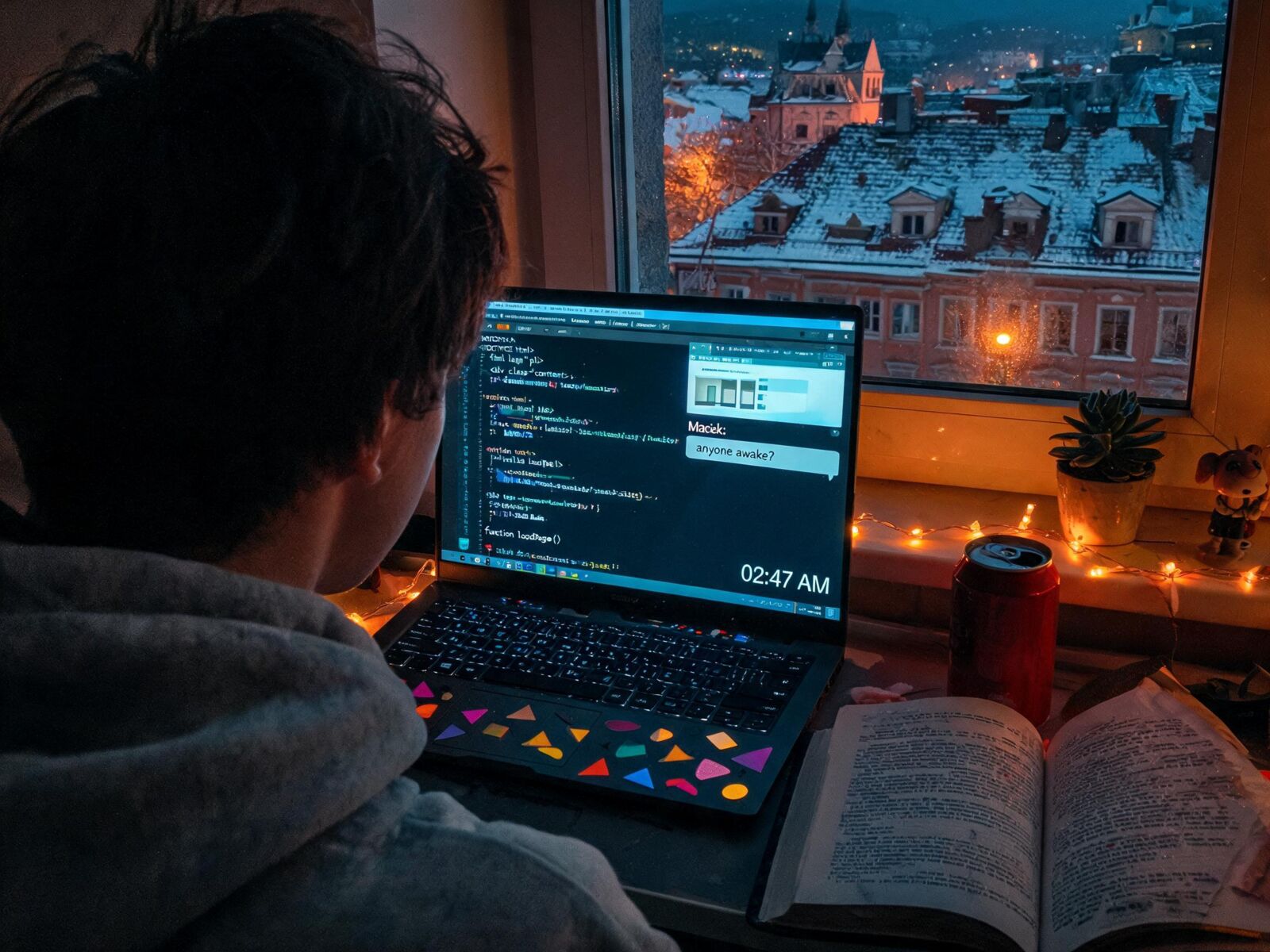 Student programowania pracuje przy laptopie z otwartym terminalem i edytorem kodu w trakcie kursu online